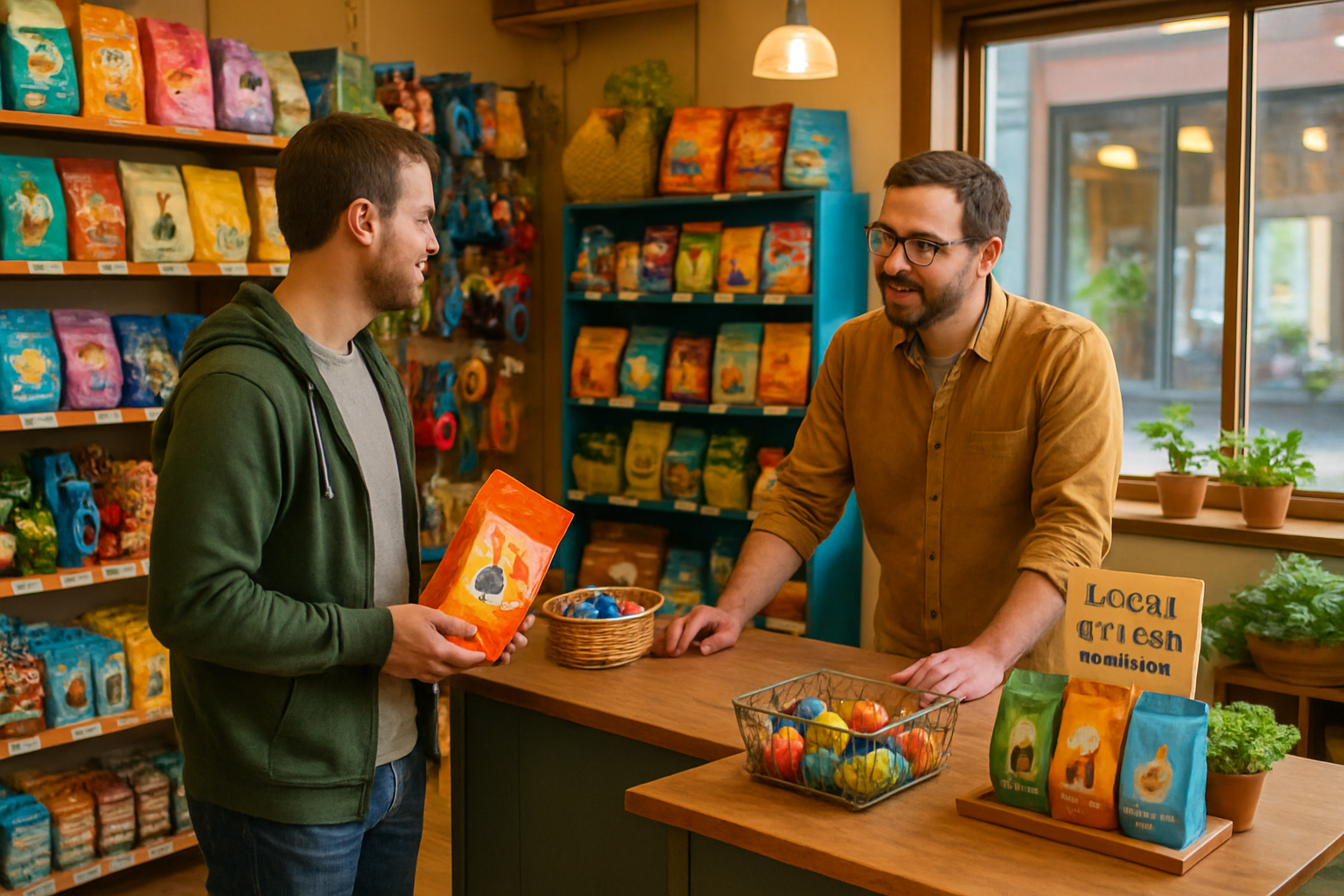 shop owner and customer talking about pet food